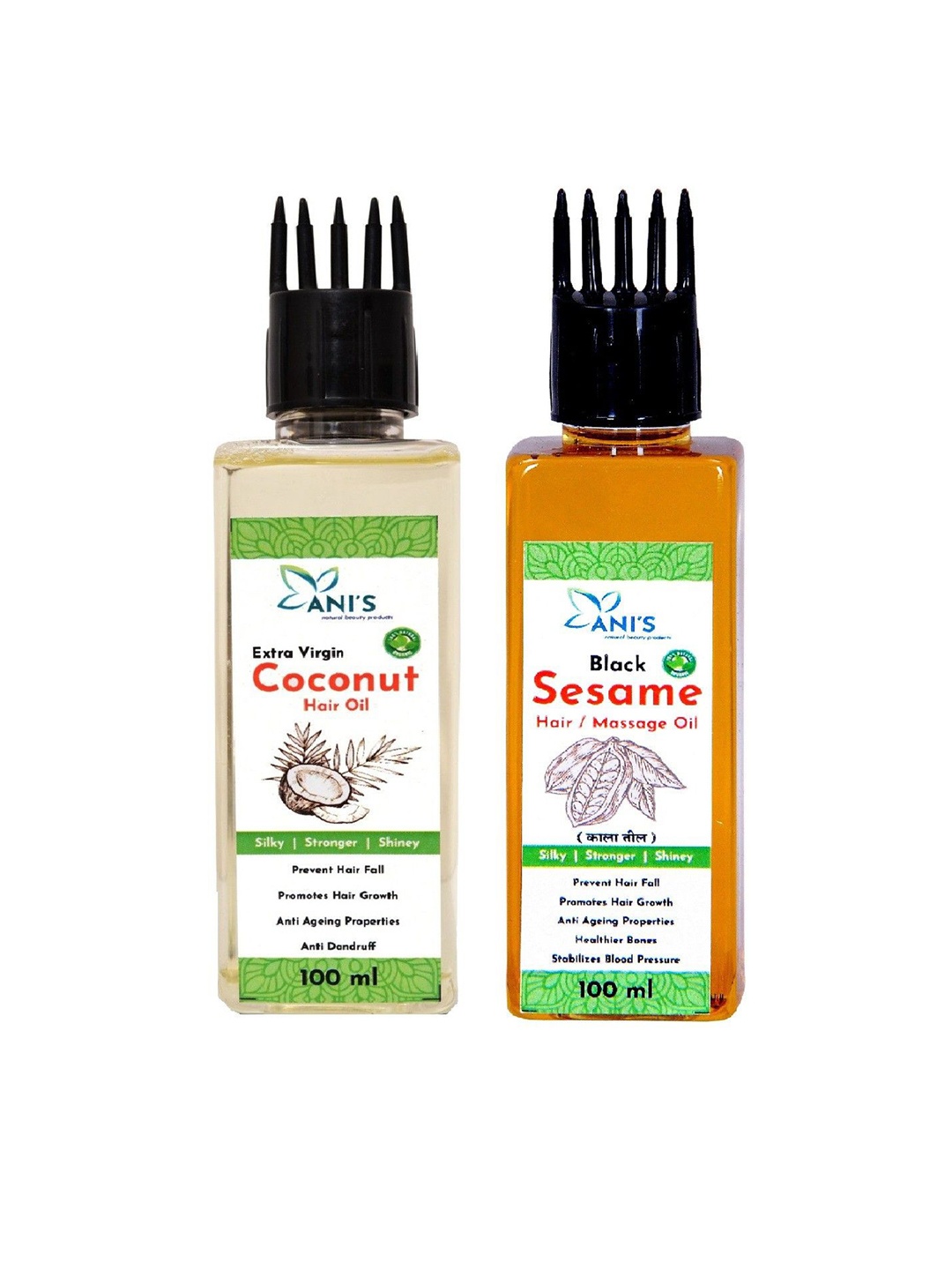 

ANI'S Set Of Extra Virgin Coconut & Black Sesame Hair Oils -100ml Each, Beige