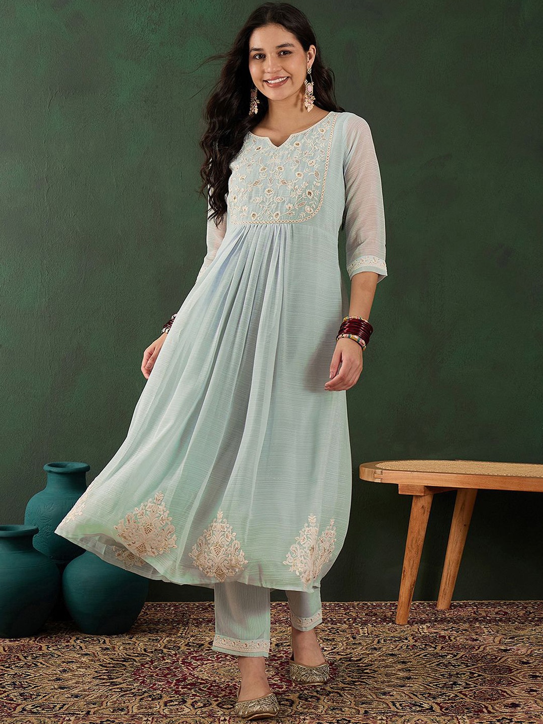 

Sangria Notch Neck Embroidered A-Line Kurta With Trouser, Olive