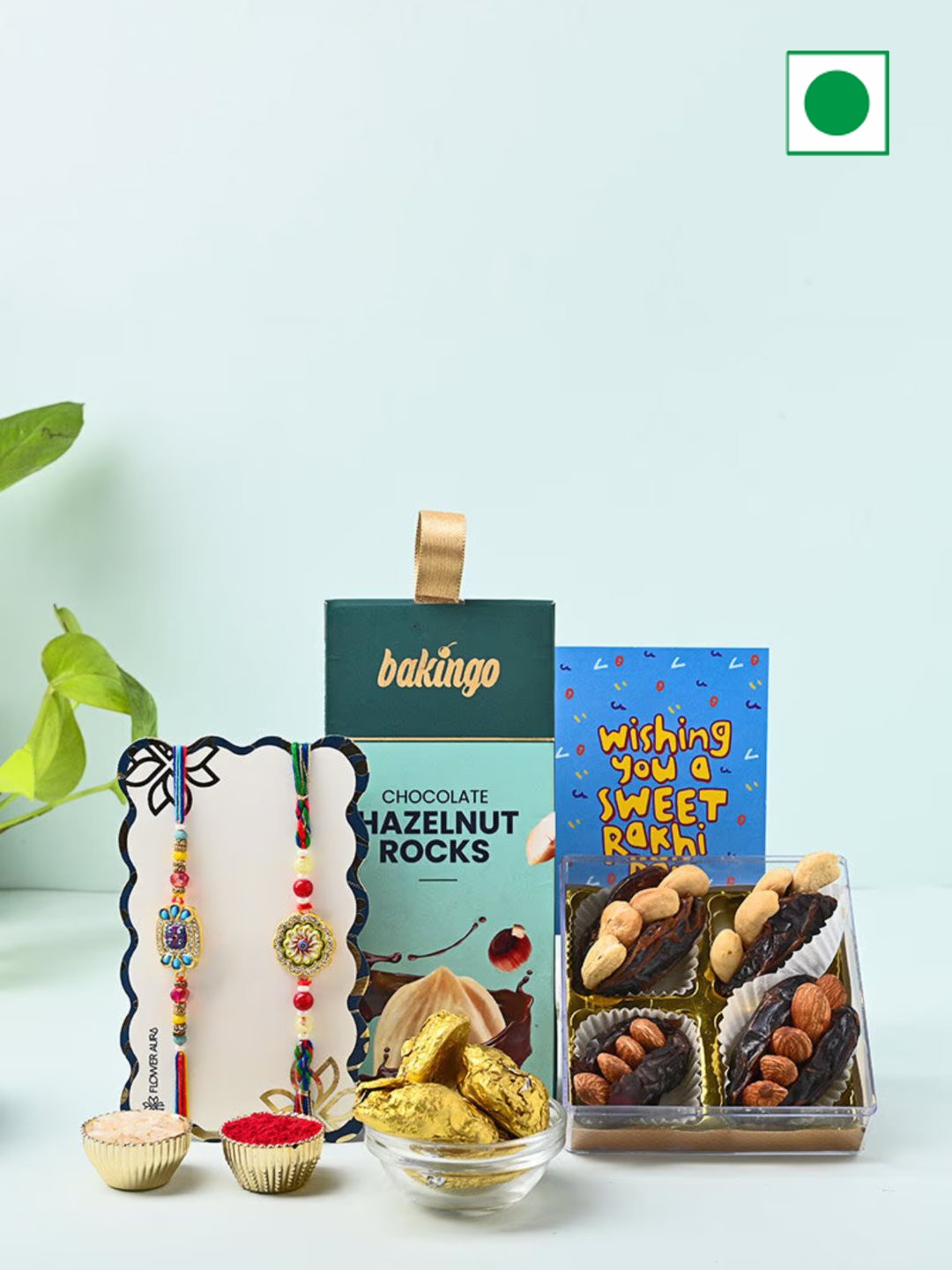 

Floweraura Set Of 6 Rakhi, Hazelnut Rocks & Khaleezi, Rakhi Card Assorted Gifts, Blue