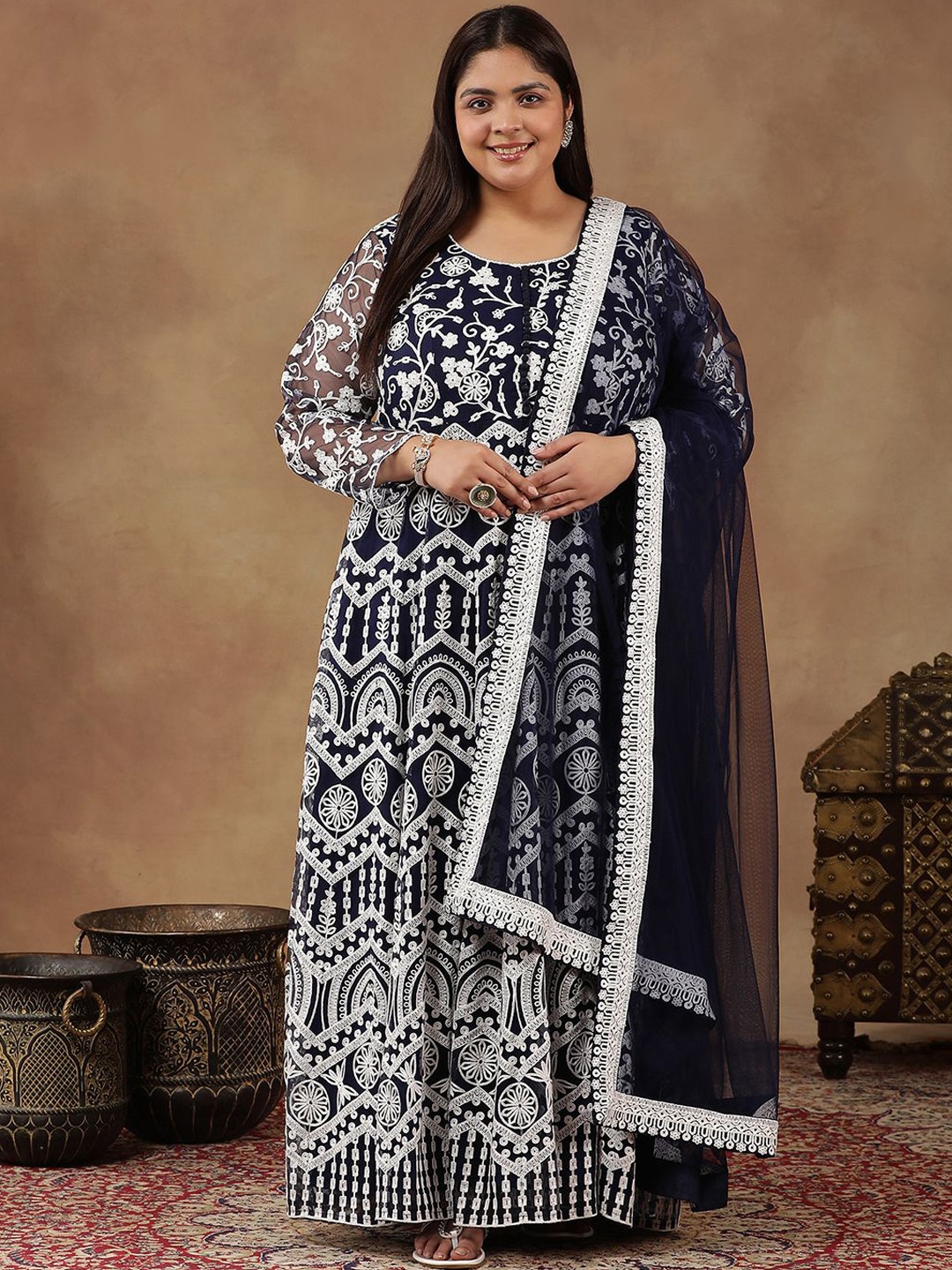 

INDDUS PLUS Ethnic Motifs Embroidered Net Anarkali Kurta With Dupatta, Navy blue