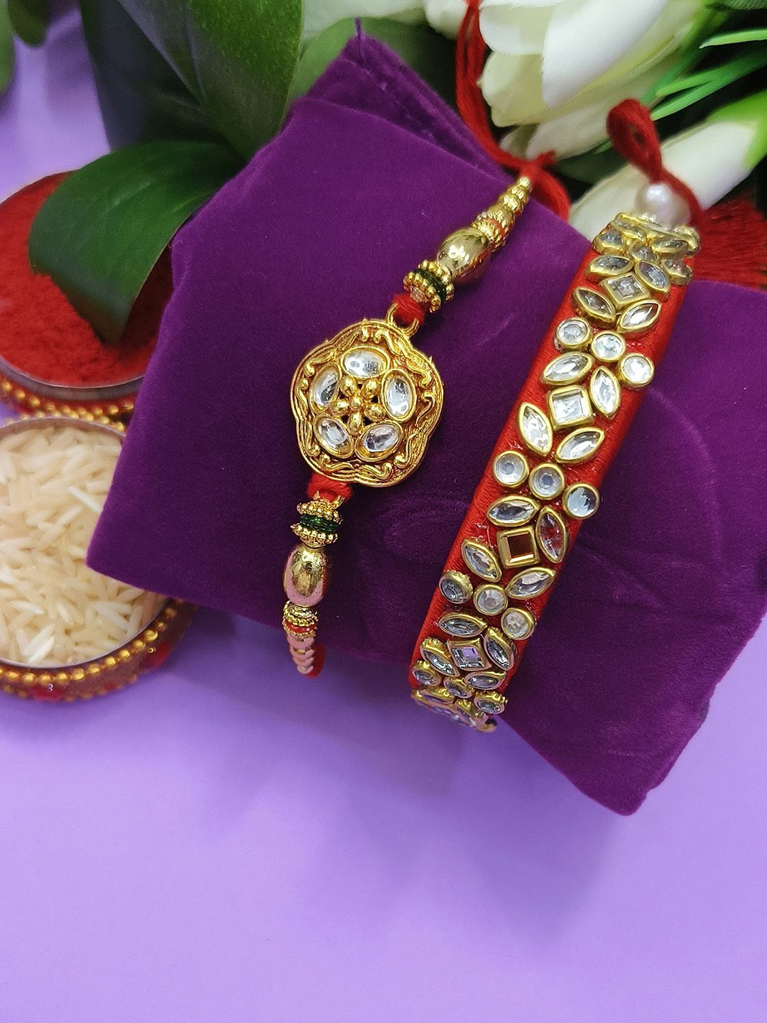 

StileAdda Bhaiya Bhabhi Stones Studded & Beaded Thread Rakhis With Roli Chawal, Red