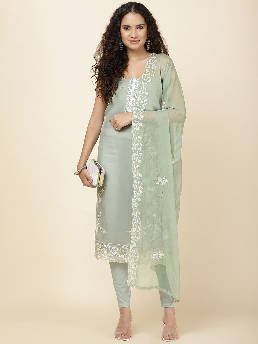 

Meena BazaarFloral Embroidered Beads and Stones Unstitched Dress Material, Green