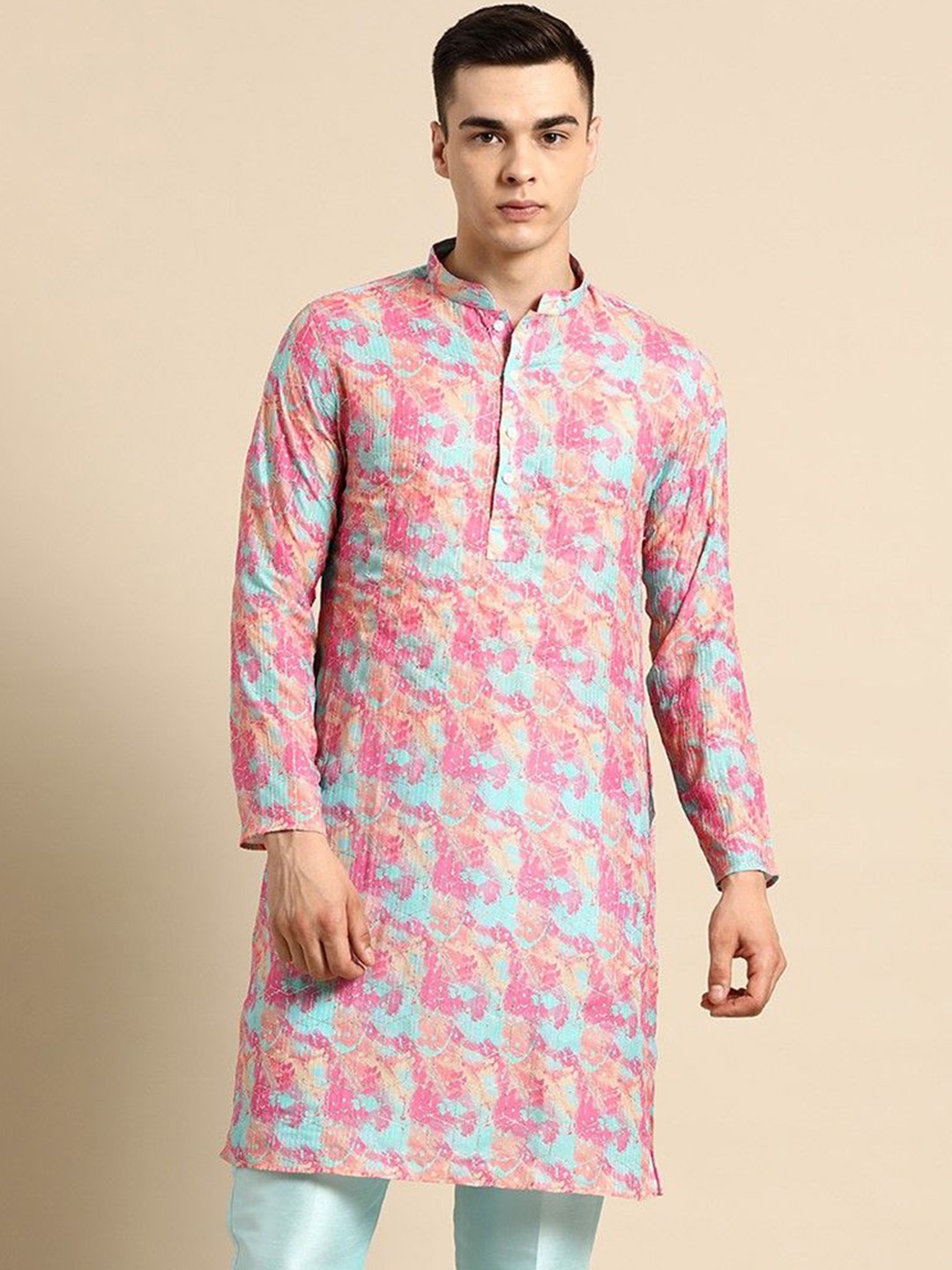

Sayisha Tie & Dye Printed Thread Work Mandarin Collar Straight Silk Kurta, Pink