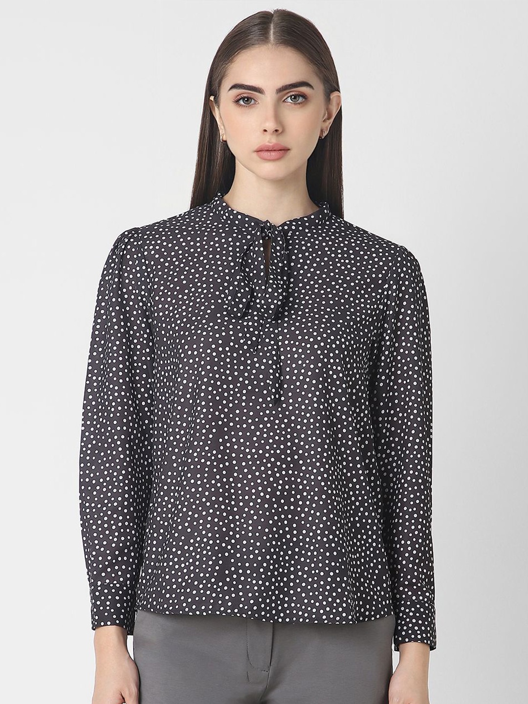 

Van Heusen Woman Women Polka Dots Printed Tie-Up Neck Top, Black