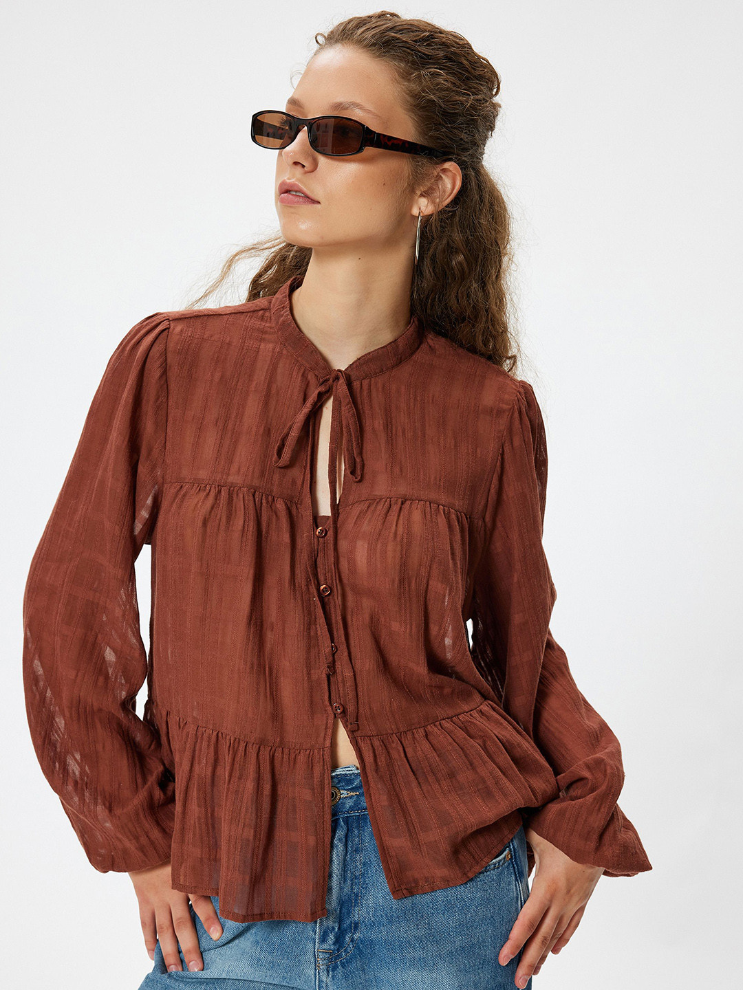 

Koton Women Solid Tie-Up Neck Cotton Top, Brown