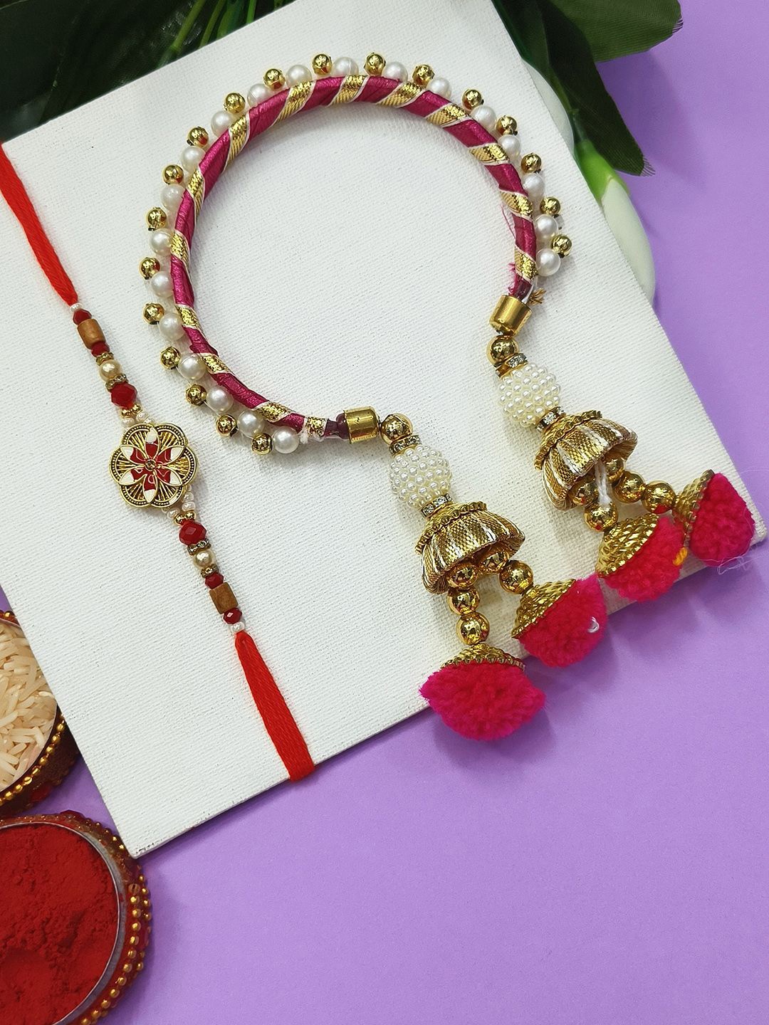 

StileAdda Bhaiya Bhabhi Stones Studded & Beaded Thread Rakhi, Gold