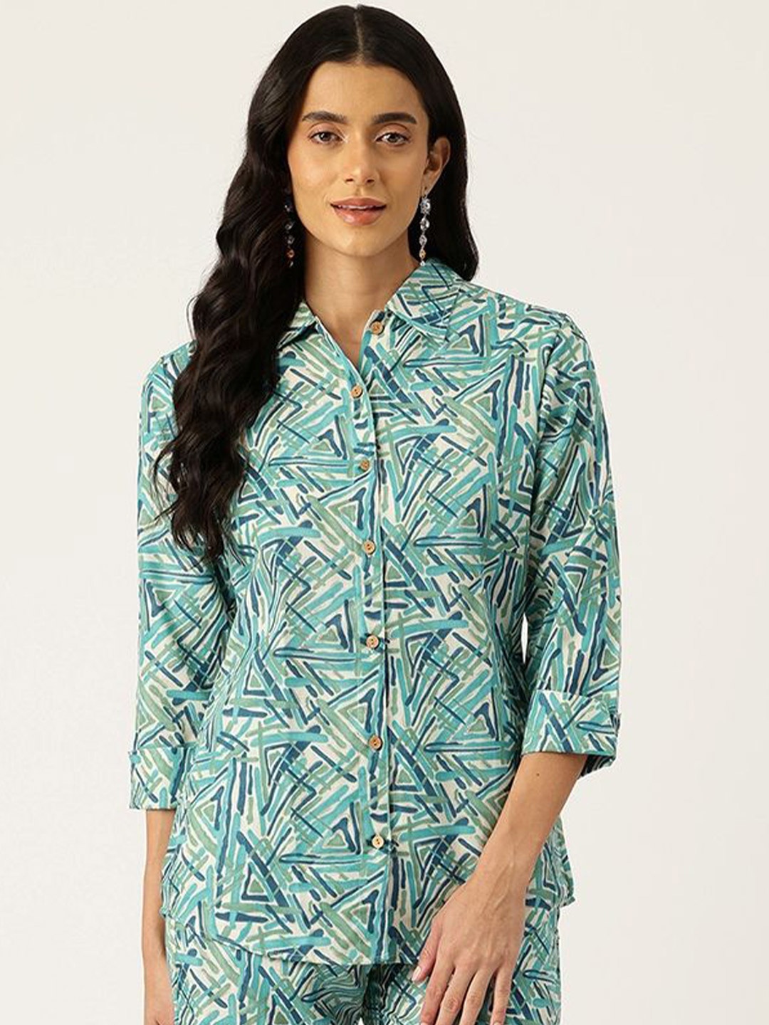 

Molcha Women Contemporary Spread Collar Abstract Printed Cotton Semiformal Shirt, Blue