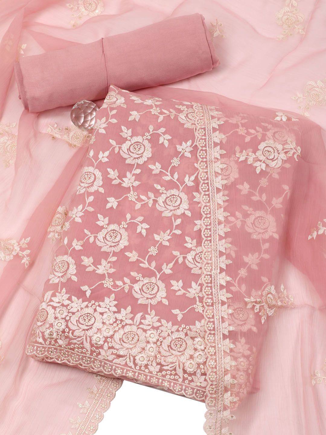 

Meena Bazaar Embroidered Organza Unstitched Dress Material, Pink