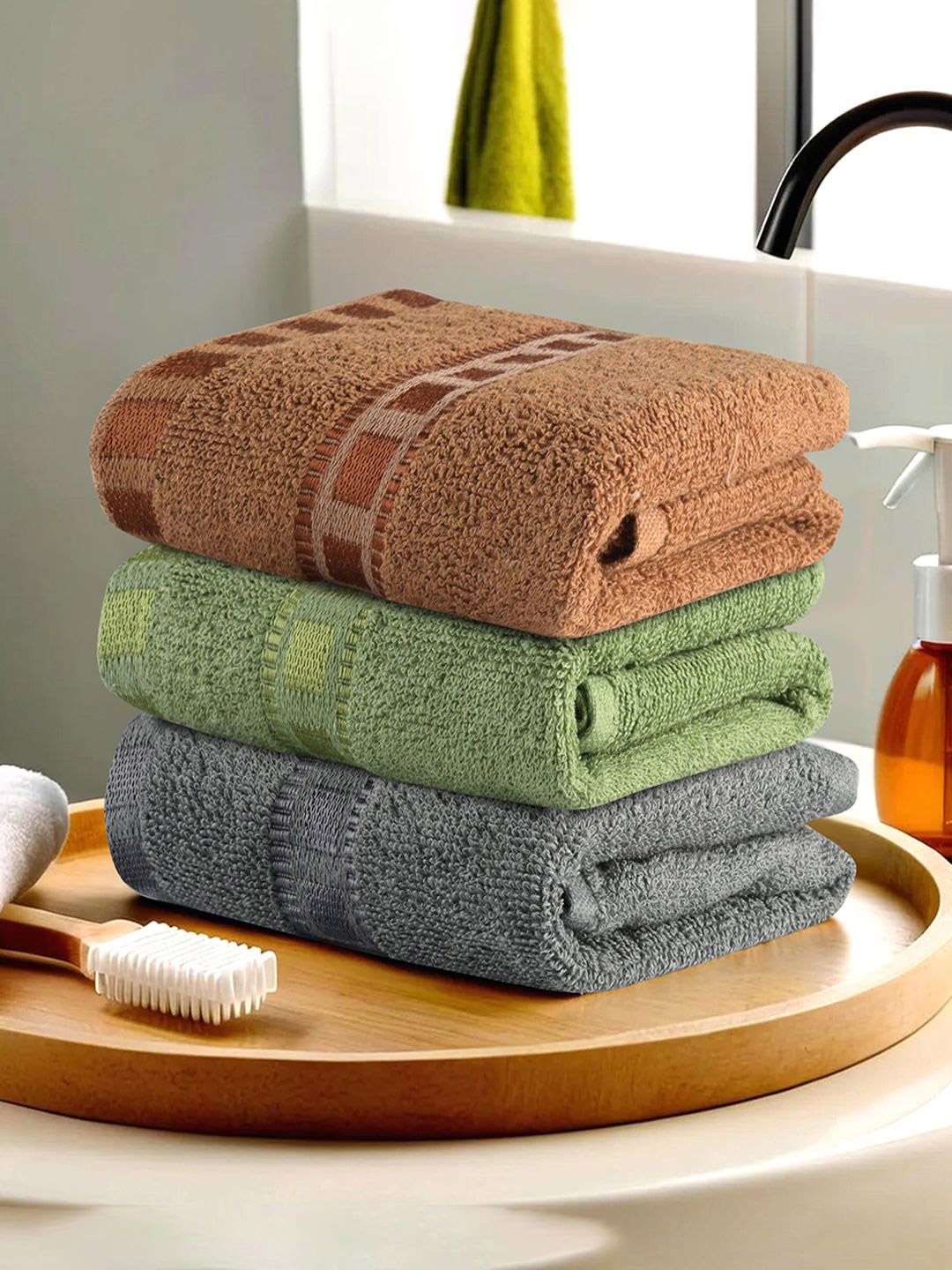 

Kuber Industries Grey & Green 3 Pieces Cotton 225 GSM Anti Bacterial Face Towels