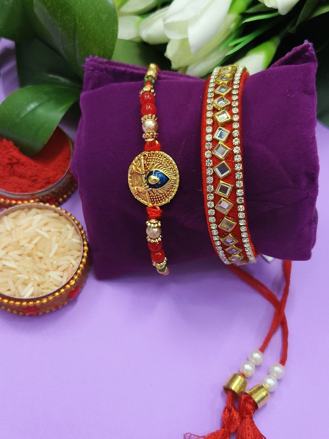 

StileAdda Bhaiya Bhabhi Stones Studded & Beaded Thread Rakhi, Gold