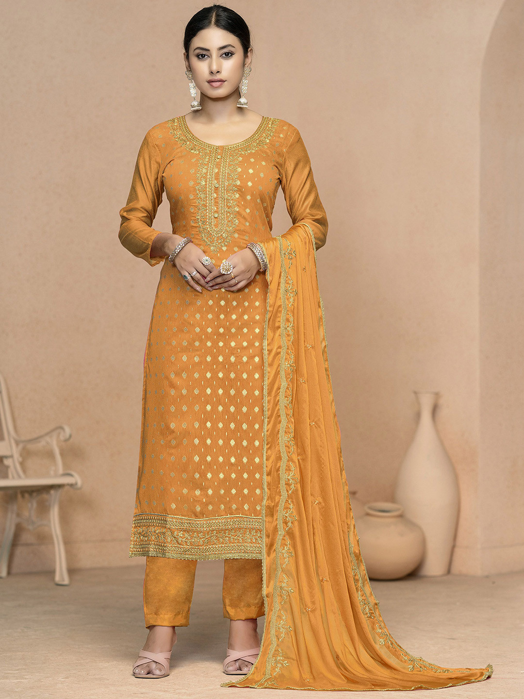 

MANVAA Embellished Zari Unstitched Dress Material, Yellow