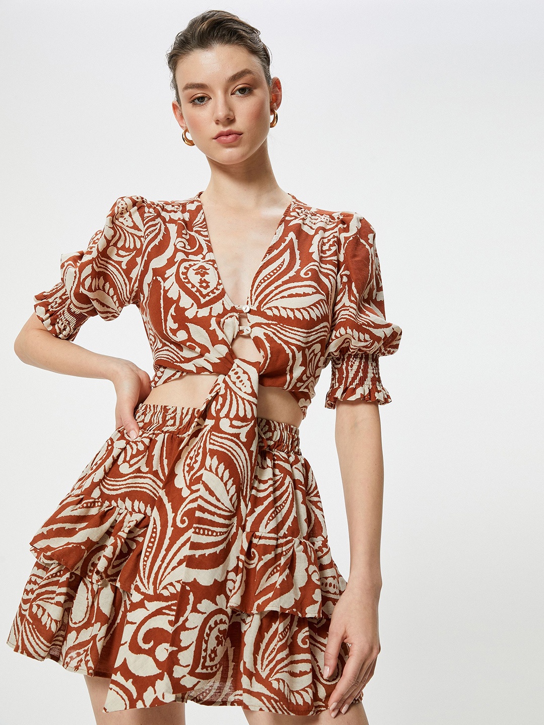 

Koton Women Floral printed V-Neck Cotton Top, Brown
