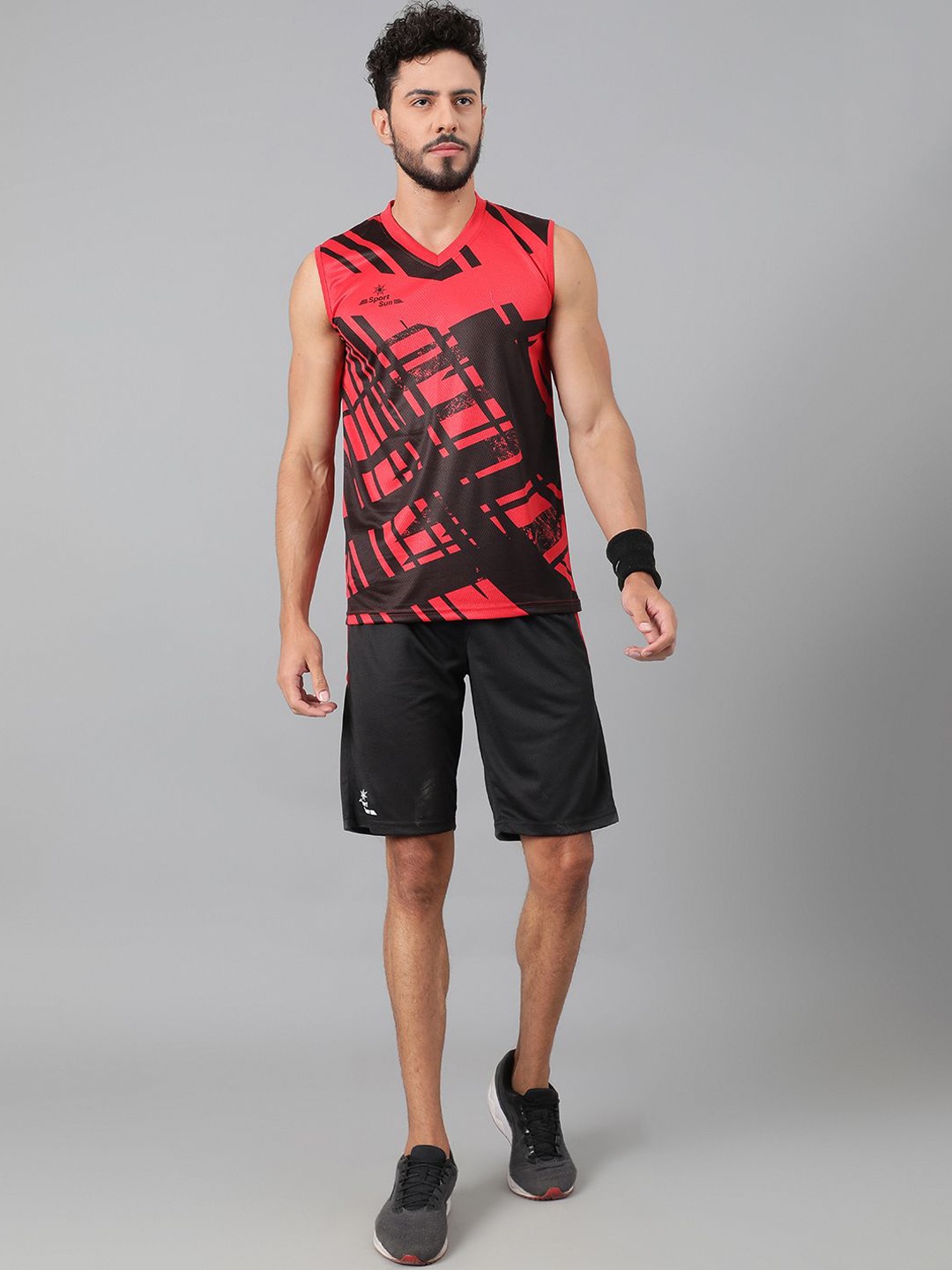

SPORT SUN Geometric Printed Sleeeless Basketball T-Shirt & Shorts Co-Ord, Red