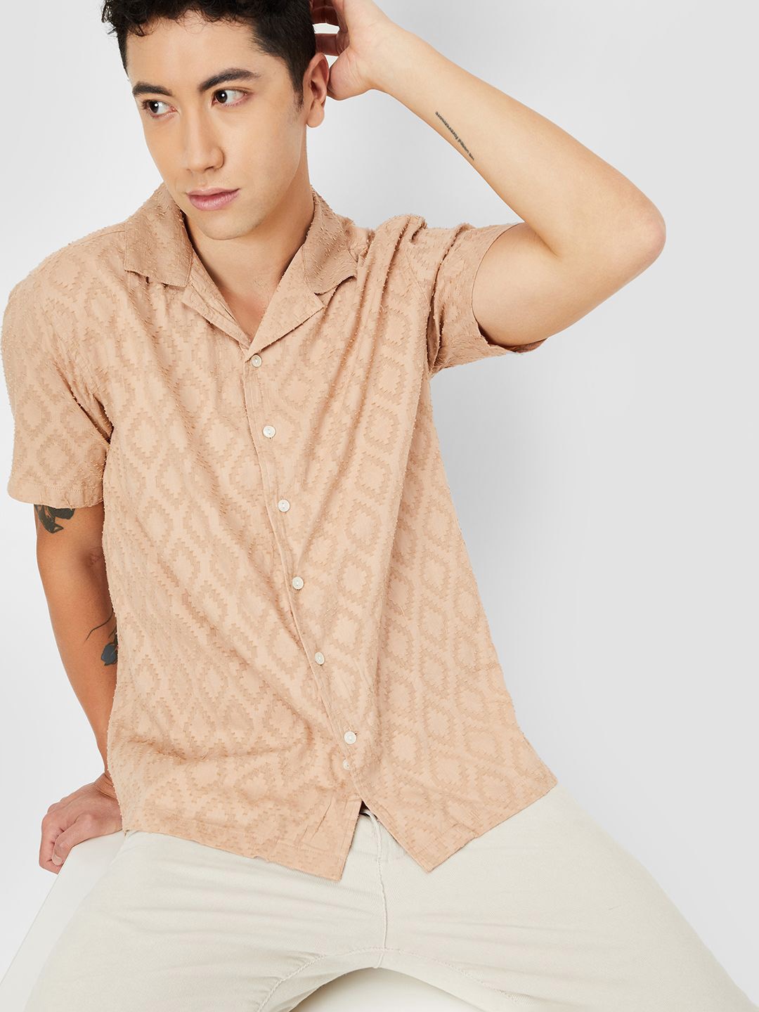 

max Self Design Cuban Collar Pure Cotton Casual Shirt, Beige