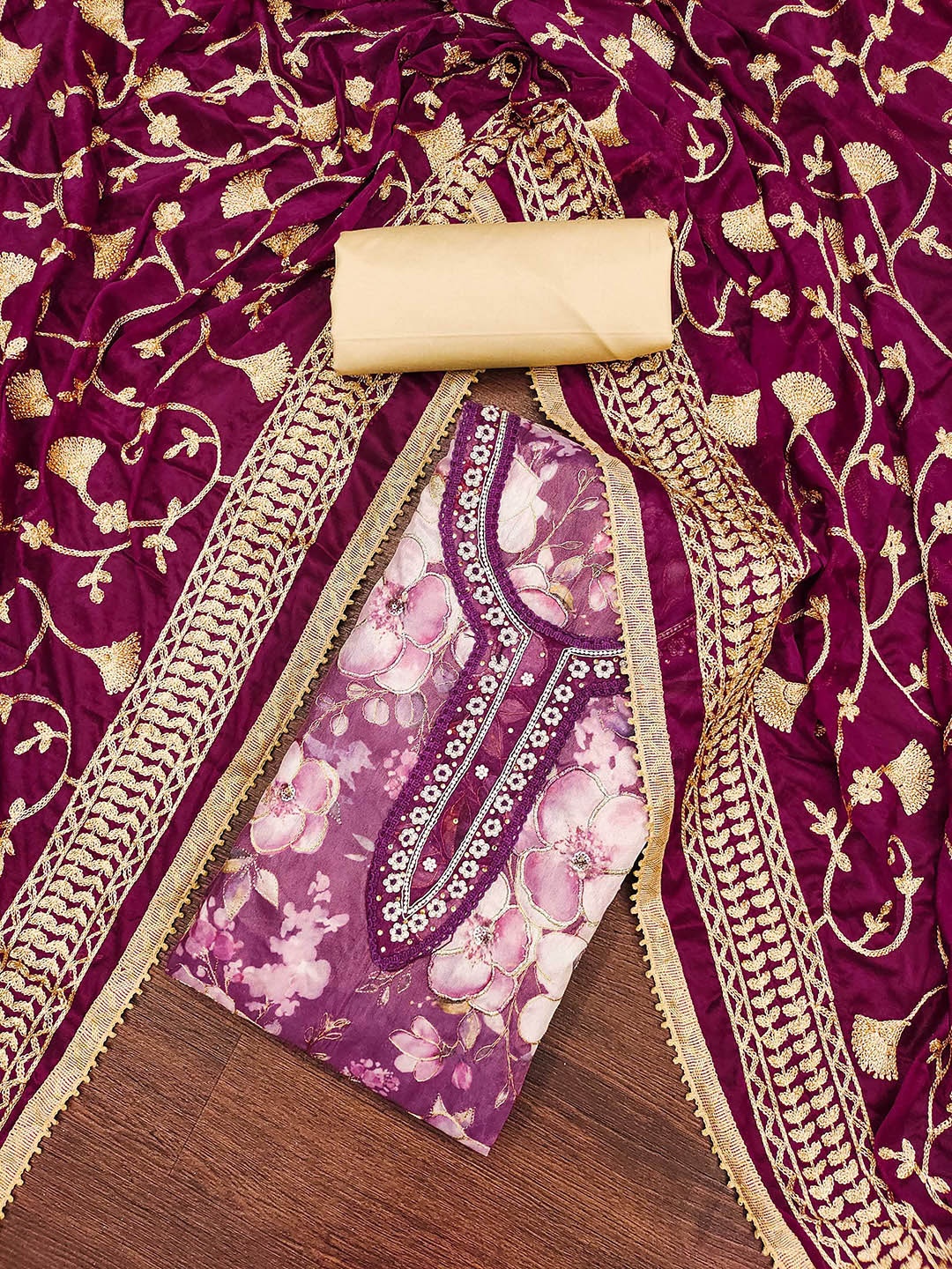 

KALINI Floral Embellished Beads and Stones Unstitched Dress Material, Purple