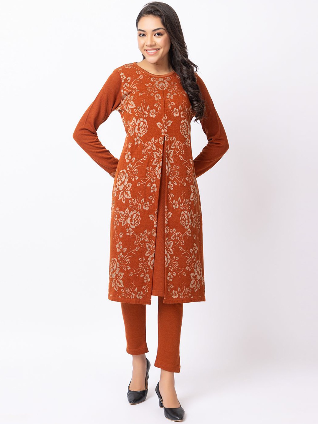 

Anouk Rust Ethnic Motifs Printed Jacquard Winter Wear Straight Kurta With Trousers