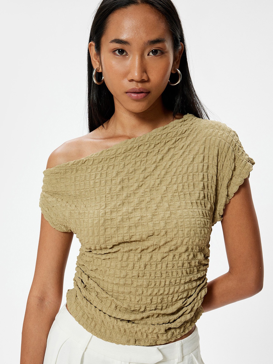 

Koton Women Self Design One Shoulder Polyester Top, Brown