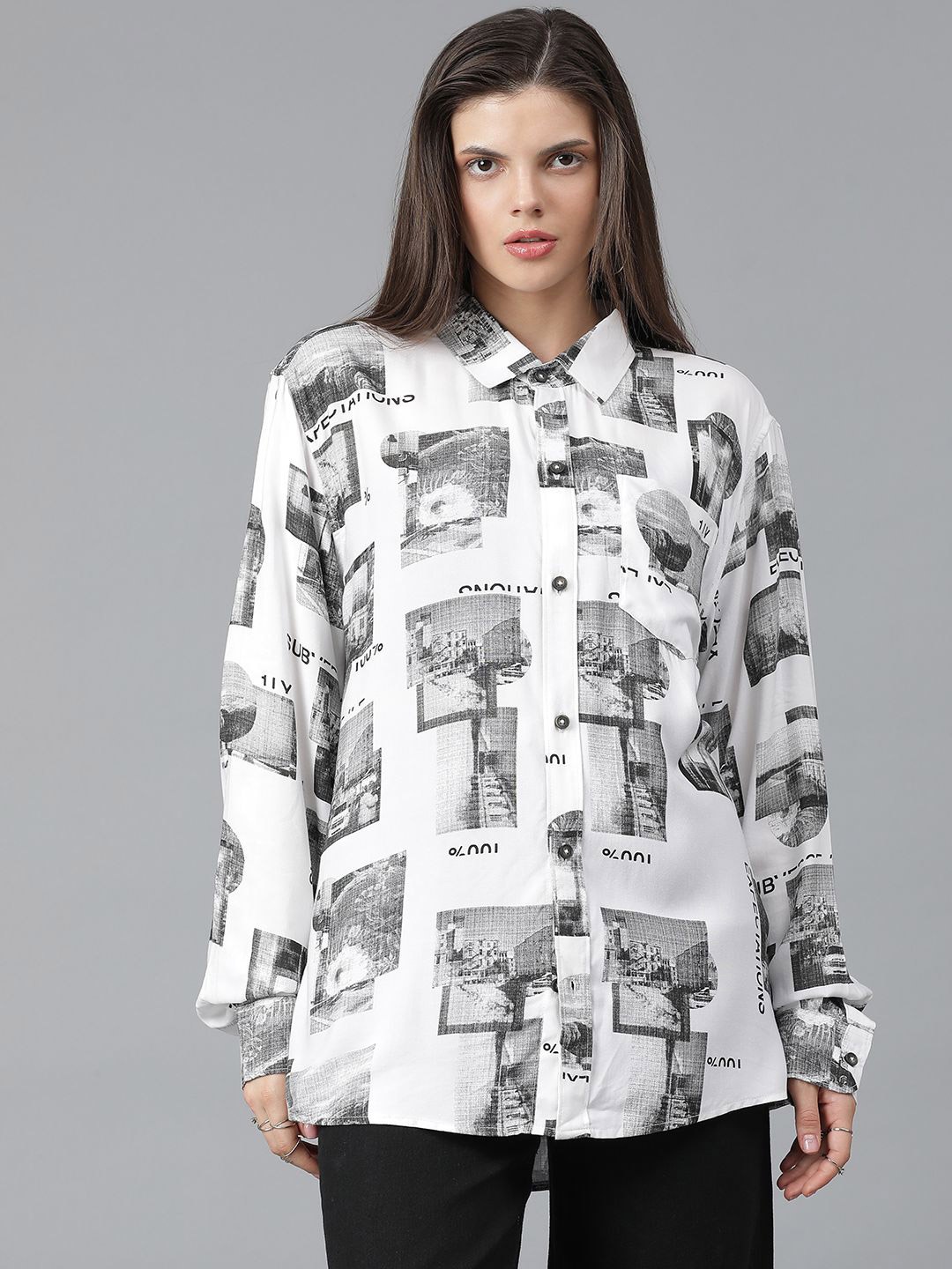 

Kotty Women Spread Collar Conversational Printed Cotton Oversized Casual Shirt, White