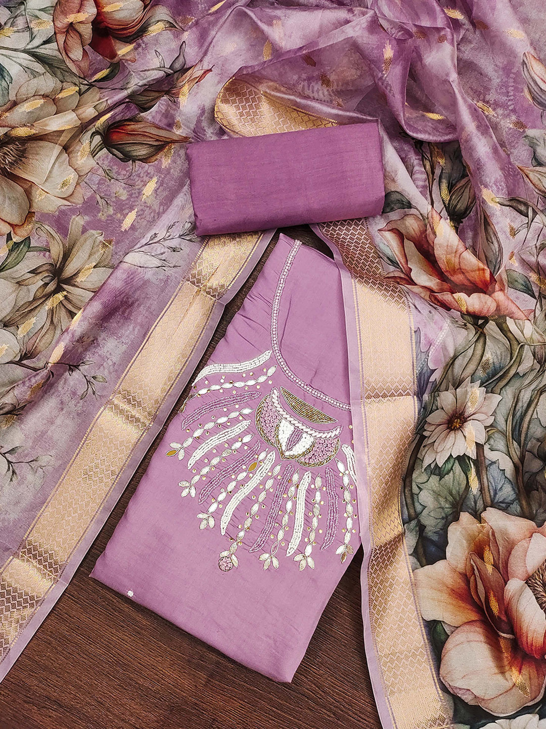 

KALINI Ethnic Motifs Embellished Beads and Stones Unstitched Dress Material, Purple