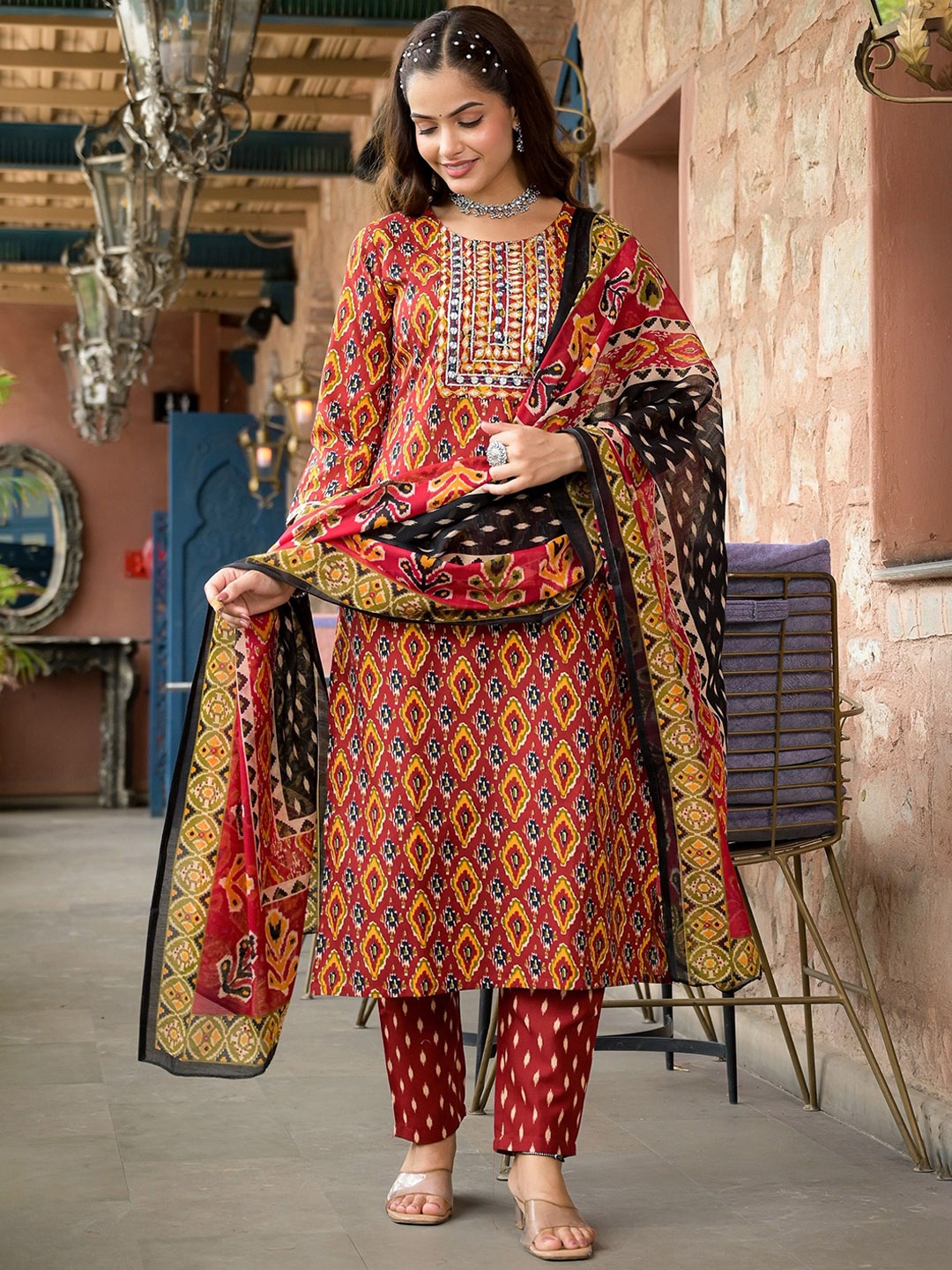 

KALINI Geometric Printed Thread Work Straight Kurta With Trousers & Dupatta, Red