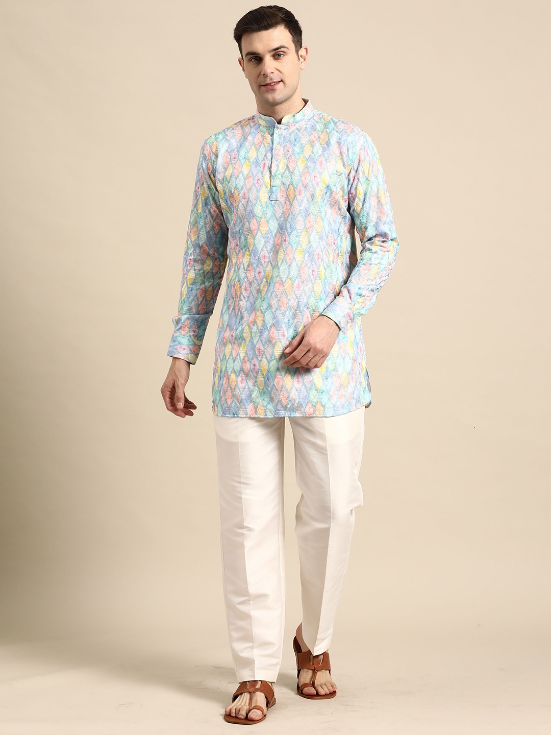 

Sayisha Geometric Printed Mandarin Collar Cotton Silk Straight Kurta, White