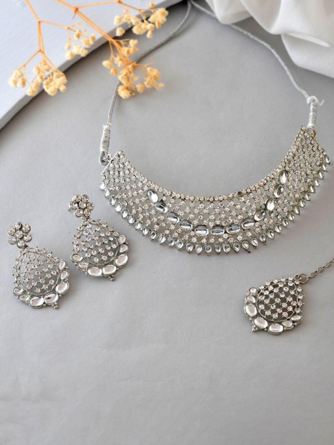 

VOJ Stainless Steel Silver-Plated Kundan & Cubic Zironia Studded Jewellery Set