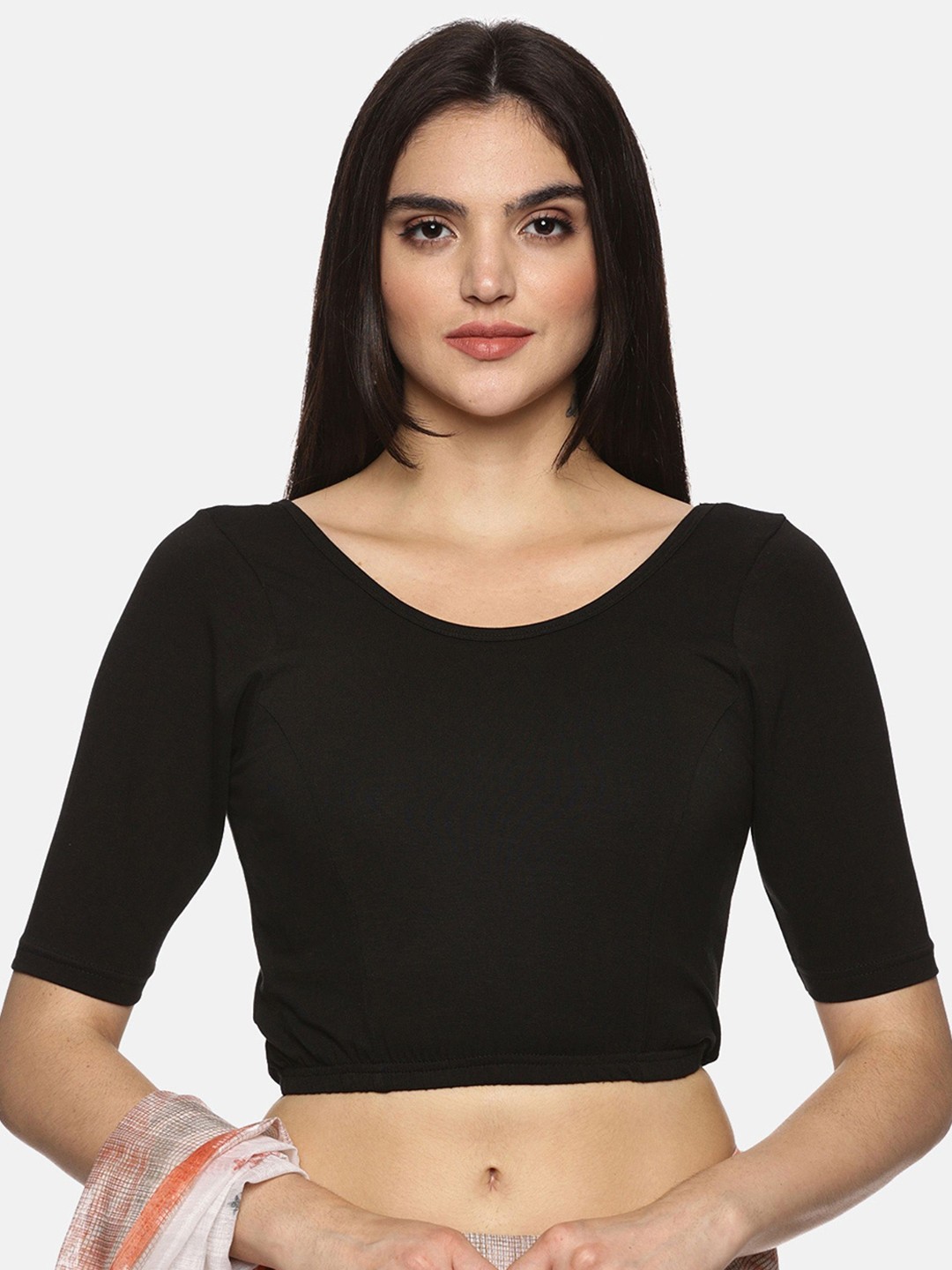 

NOT YET by us Short Sleeve Round Neck Printed Saree Blouse, Black