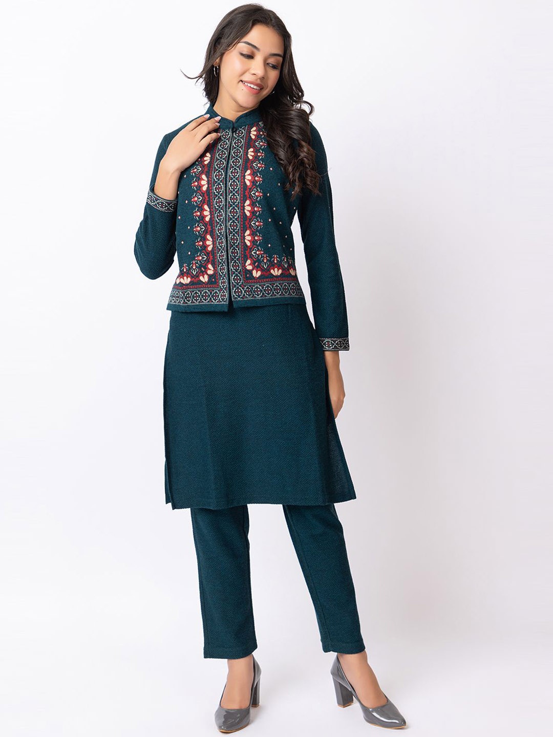 

Anouk Teal Floral Printed Mandarin Collar Jacquard Straight Winter Wear Kurta With Trouser
