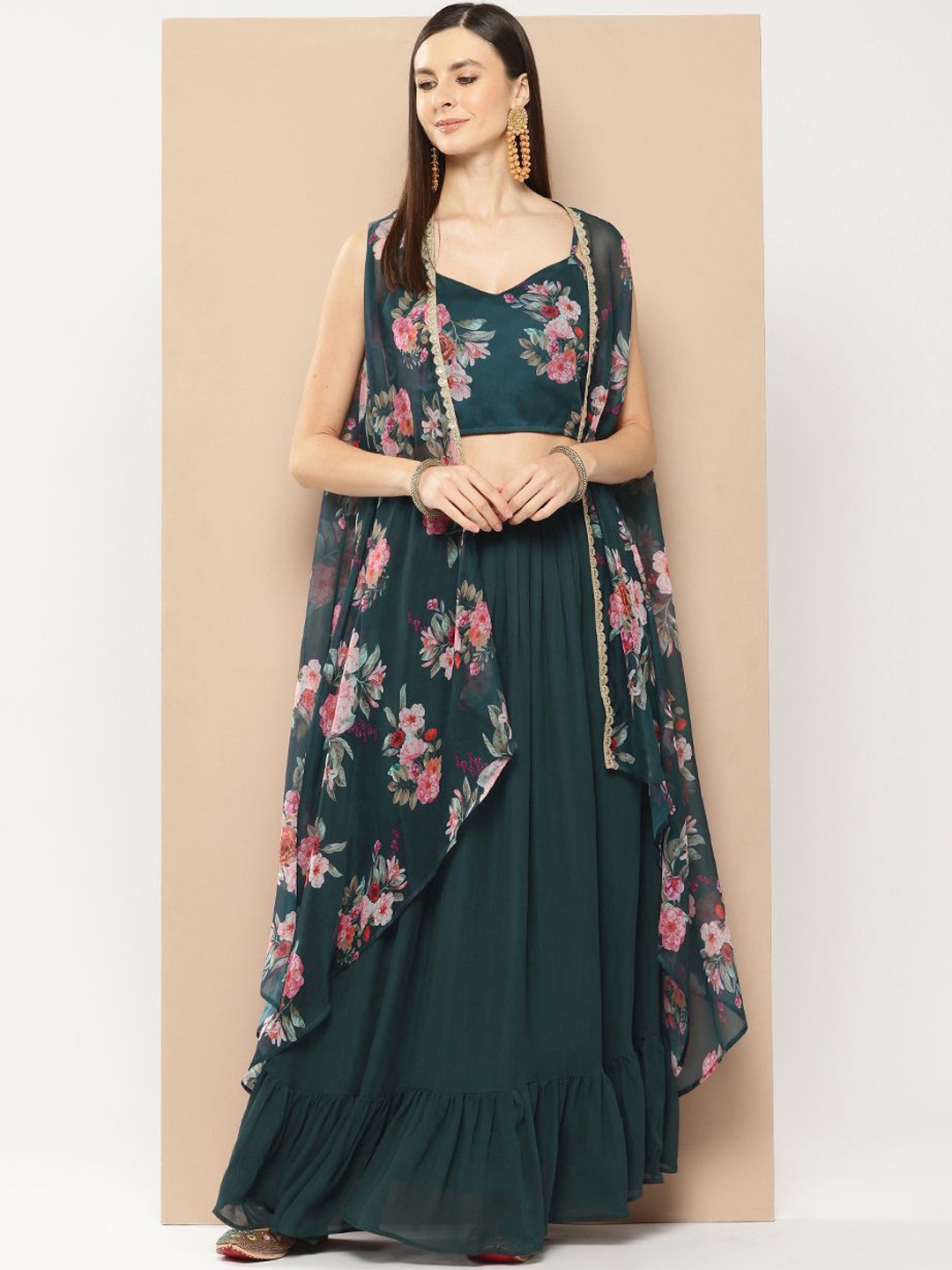 

WESTCLO Printed Top With Skirt & Shrug, Teal