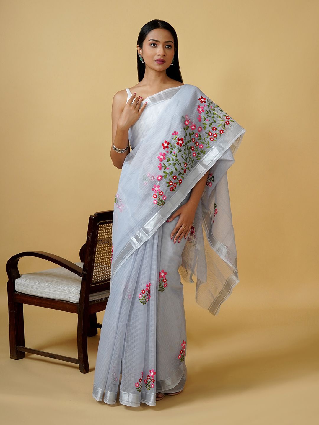 

TEEJH Floral Embroidered Supernet Kota Saree, Grey