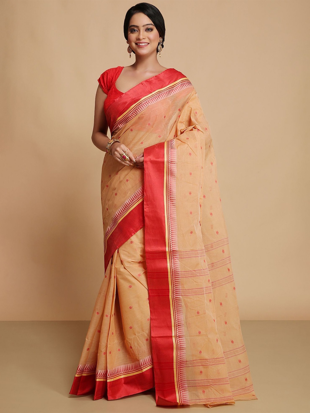 

WoodenTant Ethnic Motifs Pure Cotton Taant Saree, Beige