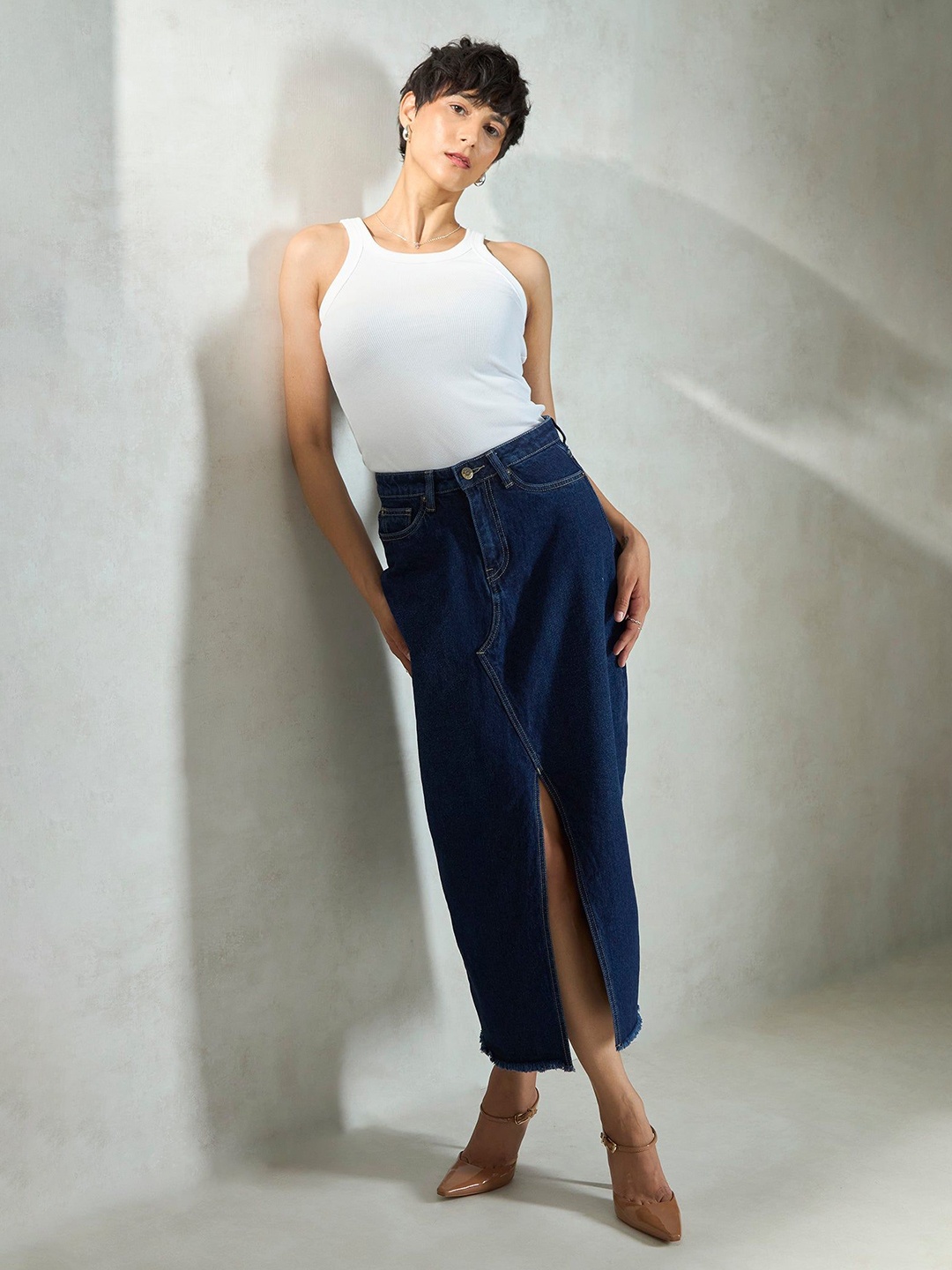 

Virgio Women Pure Cotton Straight Denim Midi Skirt With Slit, Blue