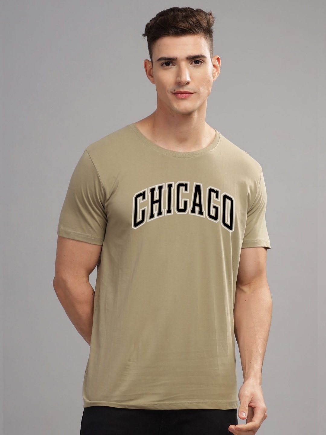 

ADRO Men Typography Printed Applique T-shirt, Beige