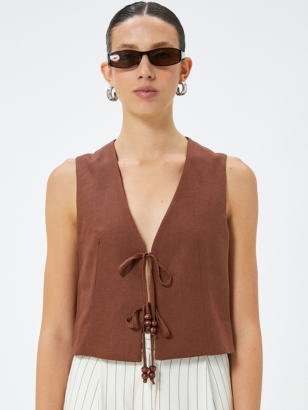 

Koton V-Neck Sleeveless Top, Brown