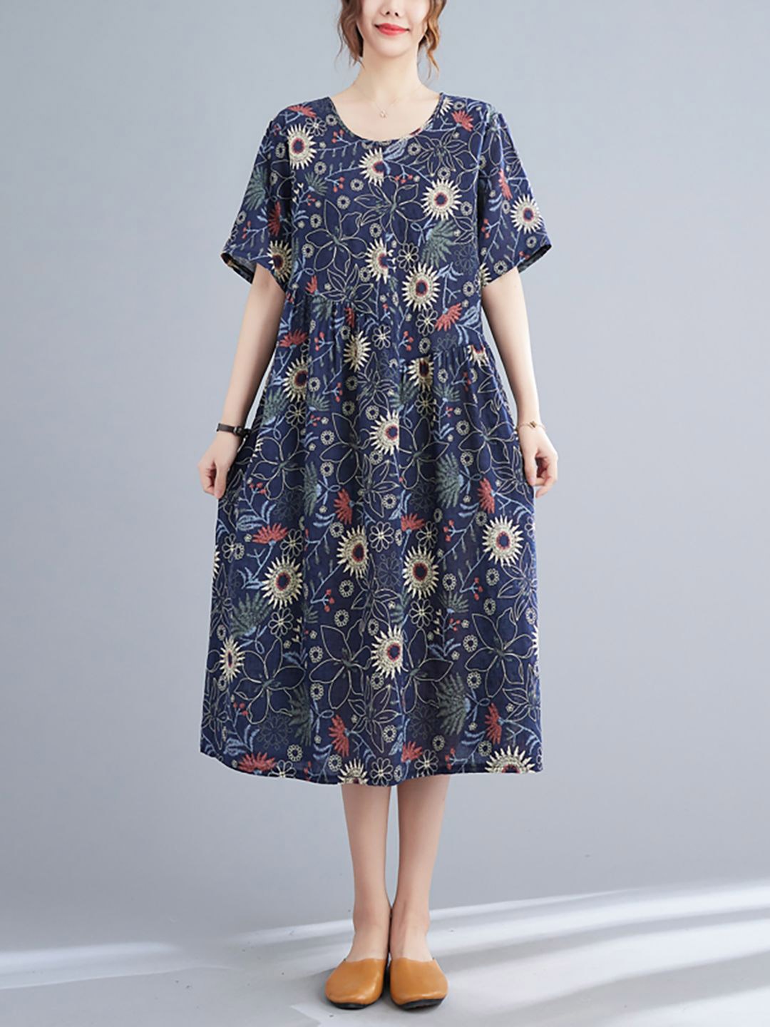 

JC Mode Floral Printed Flared Sleeve Fit & Flare Midi Dress, Blue