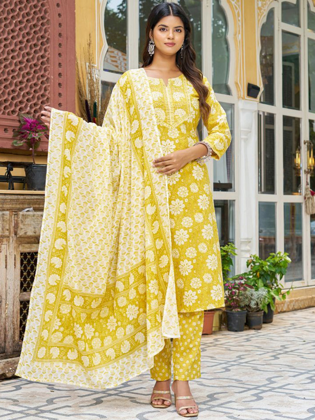 

KALINI Floral Printed Sequinned Pure Cotton Straight Kurta With Trousers & Dupatta, Yellow