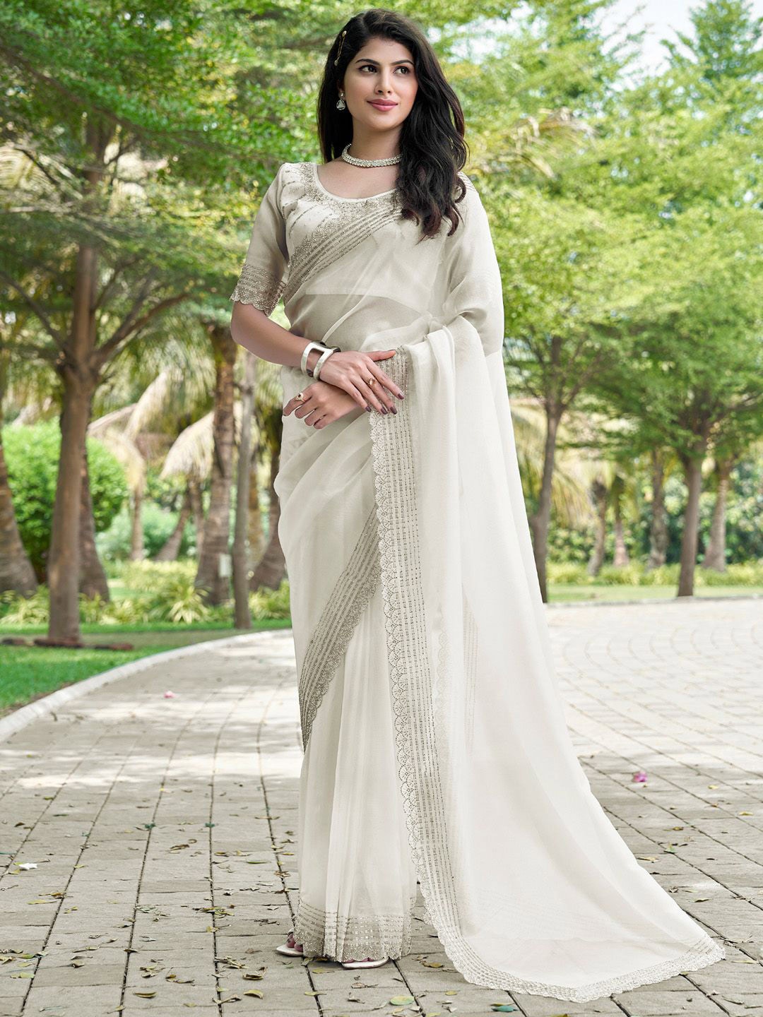 

Saree mall Embellished Beads and Stones Organza Sarees, Off white