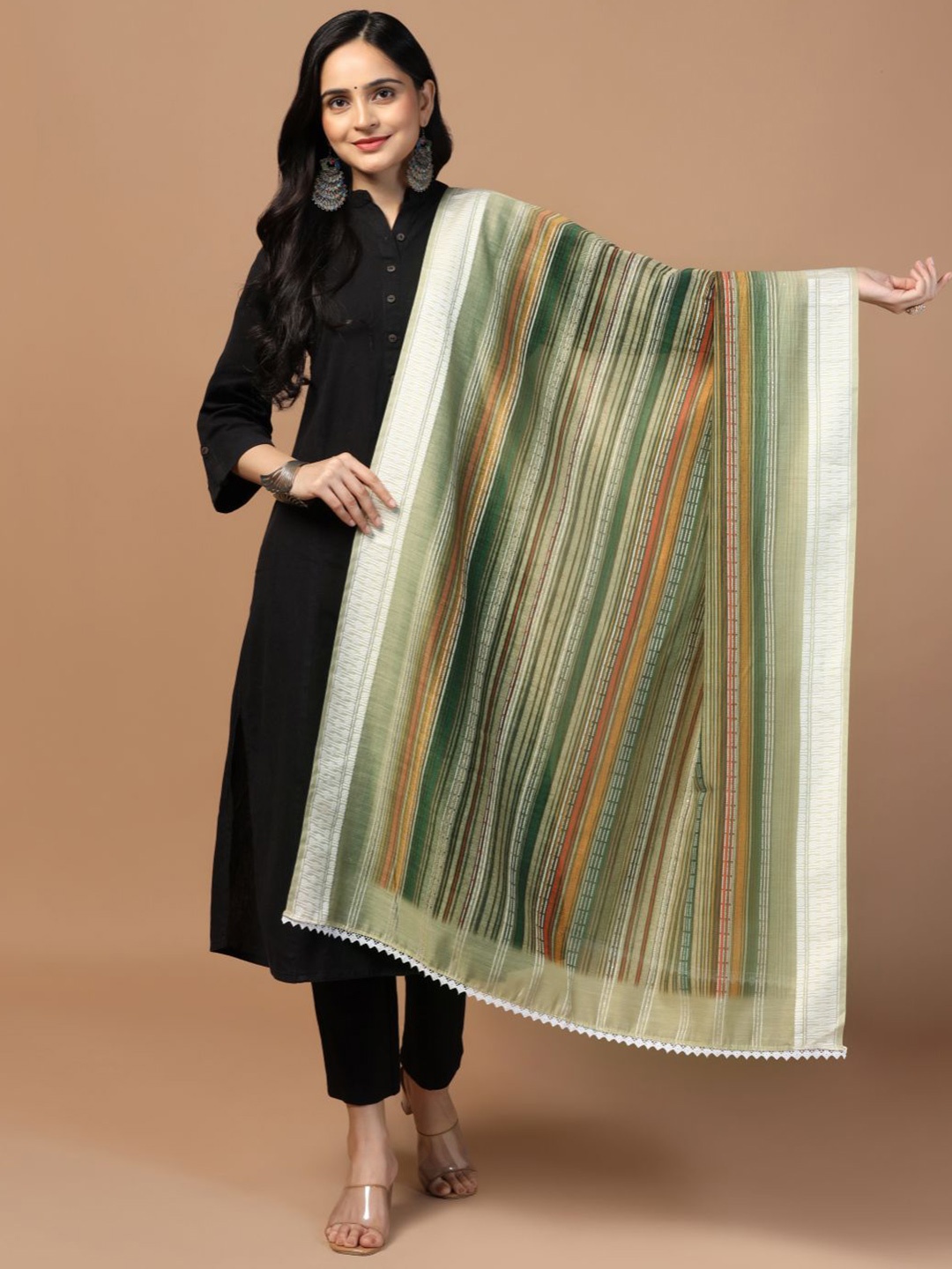 

Kaizen TEXO FAB Striped Sequinned Chanderi Cotton Dupatta, Green