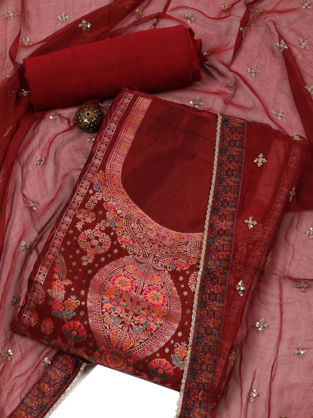 

Meena Bazaar Floral Woven Design Unstitched Dress Material, Maroon
