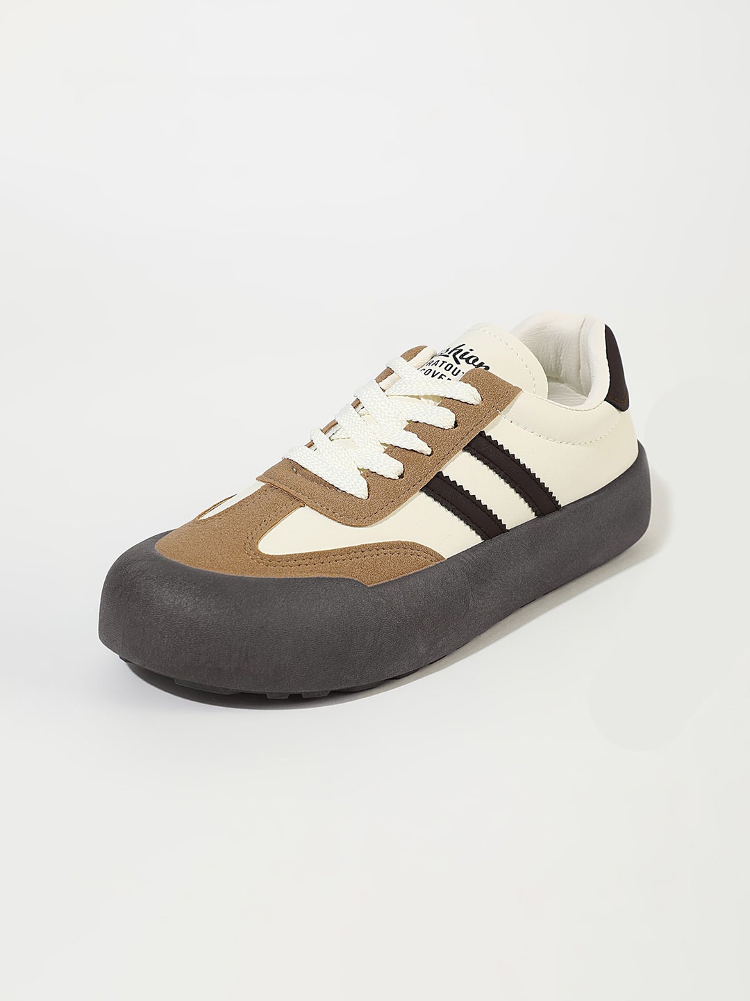 

LULU & SKY Women Colourblocked PU Round Toe Sneakers, Khaki
