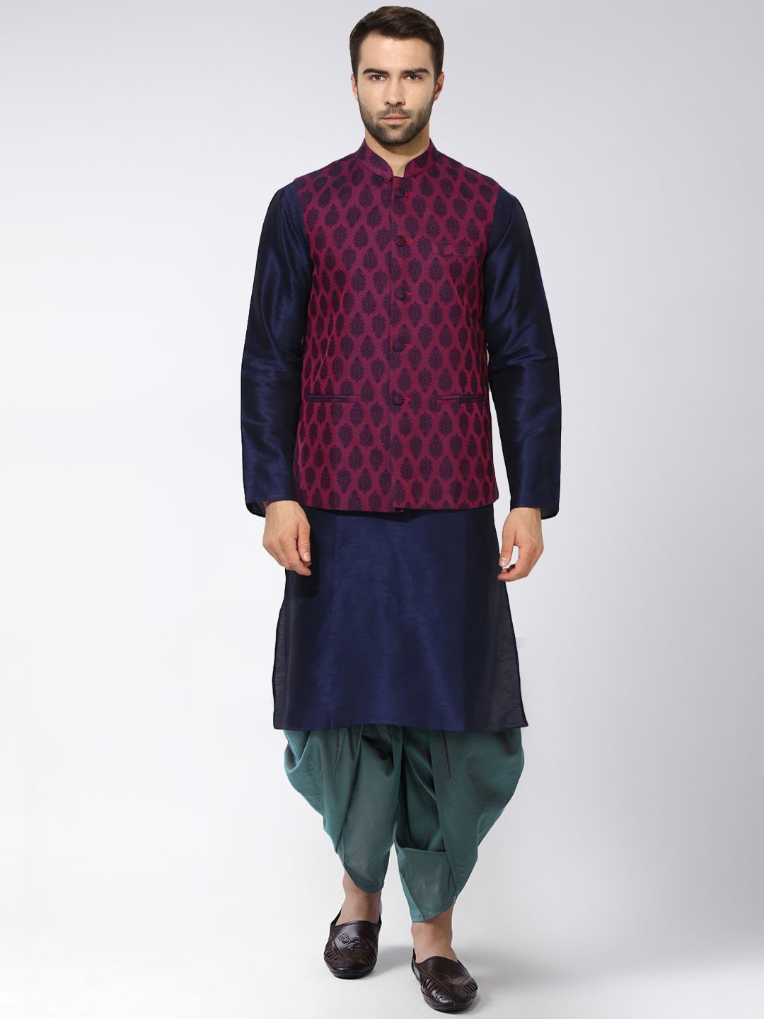 

Anouk Purple Mandarin Collar Straight Kurta with Churidar & Printed Nehru jacket