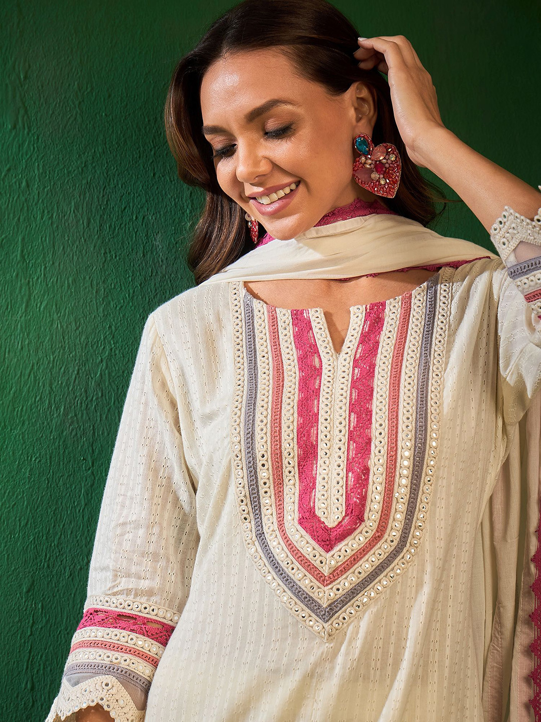 

Sangria Yoke Design Embroidered Pure Cotton Straight Kurta & Trousers With Dupatta, Off white
