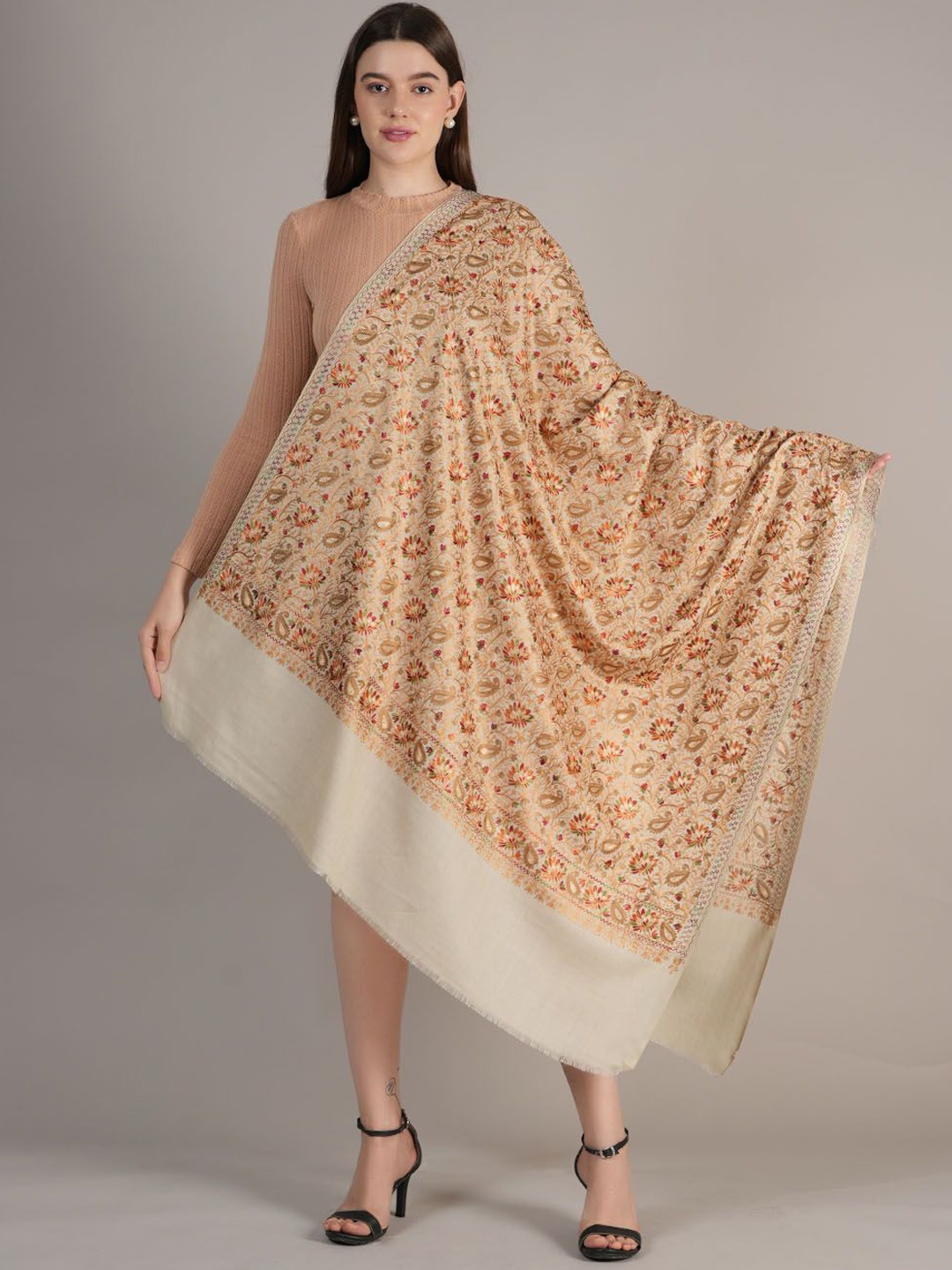 

MUFFLY Floral Embroidered Woolen Shawl, Beige