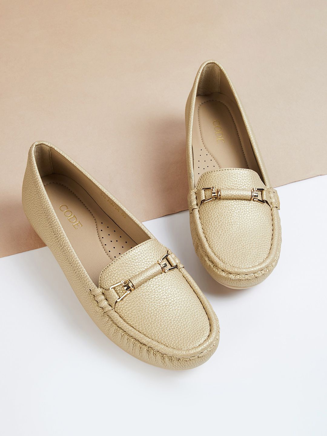 

CODE by Lifestyle Women Textured PU Loafers, Gold