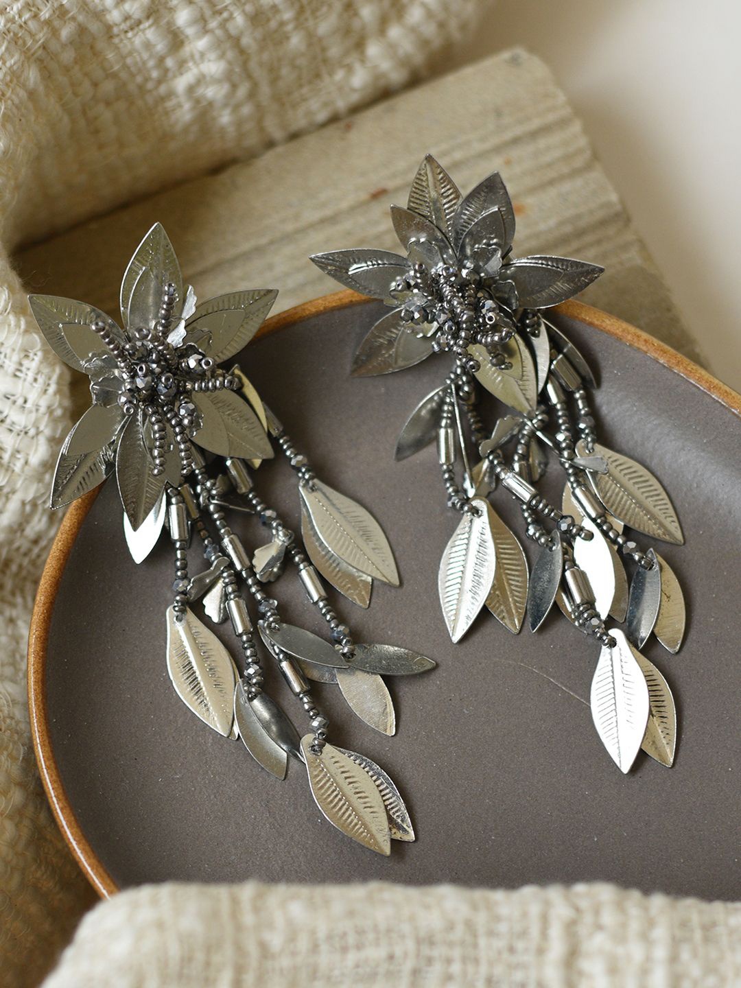 

XPNSV Leaf Shaped Beaded Drop Earrings, Silver