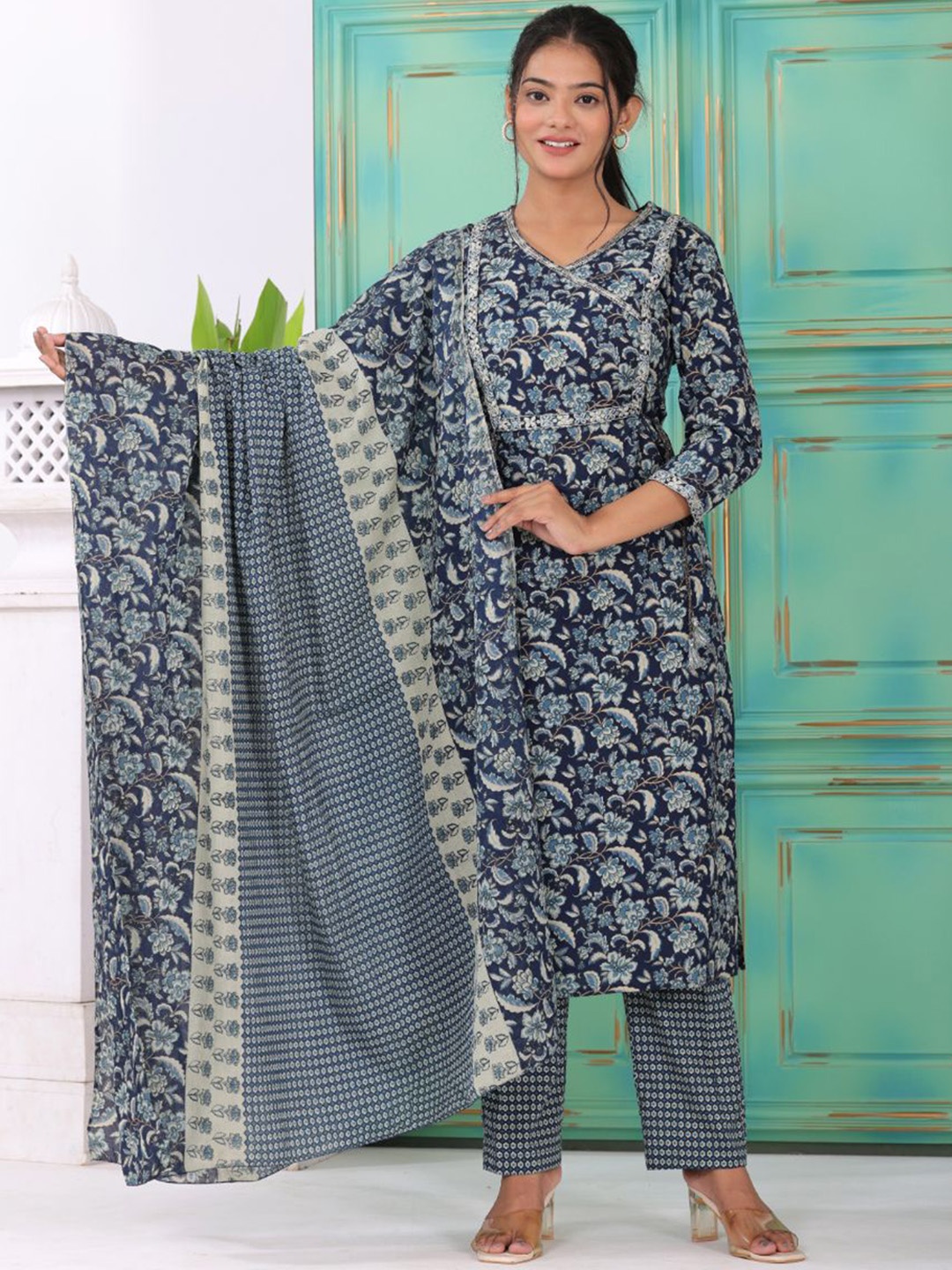 

KALINI Floral Printed Angrakha Pure Cotton Straight Kurta With Trousers & Dupatta, Blue