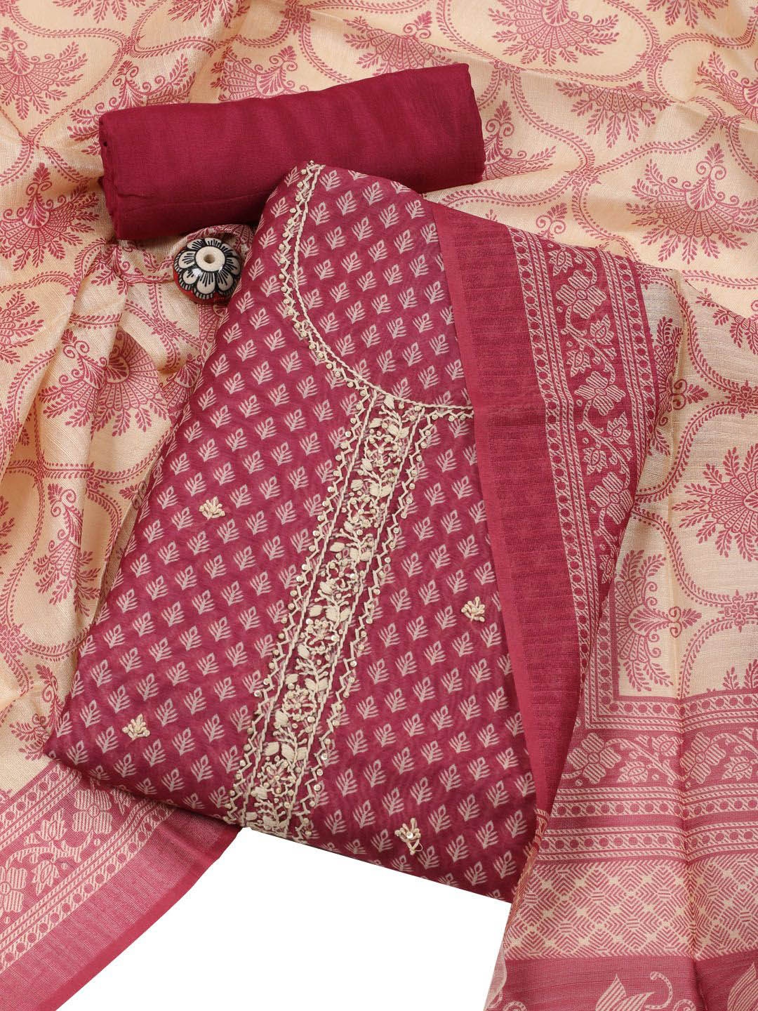 

Meena Bazaar Ethnic Motifs Printed Chanderi Unstitched Dress Material, Pink