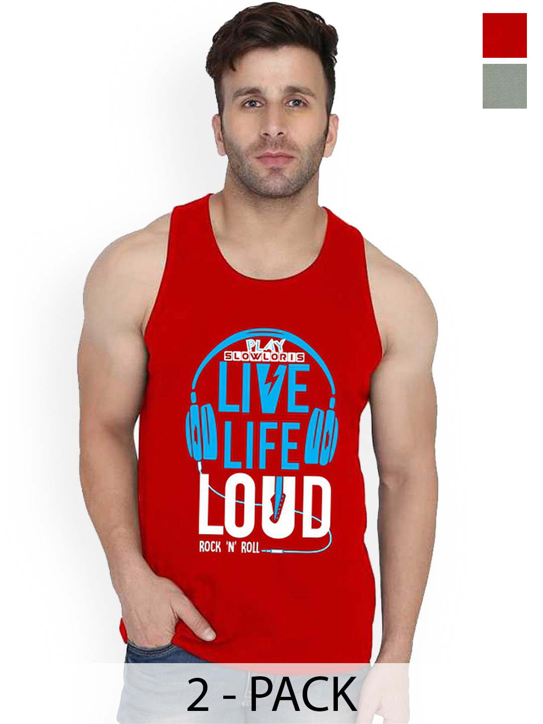 

SLOWLORIS Pack Of 2 Printed Men Gym Vests, Red
