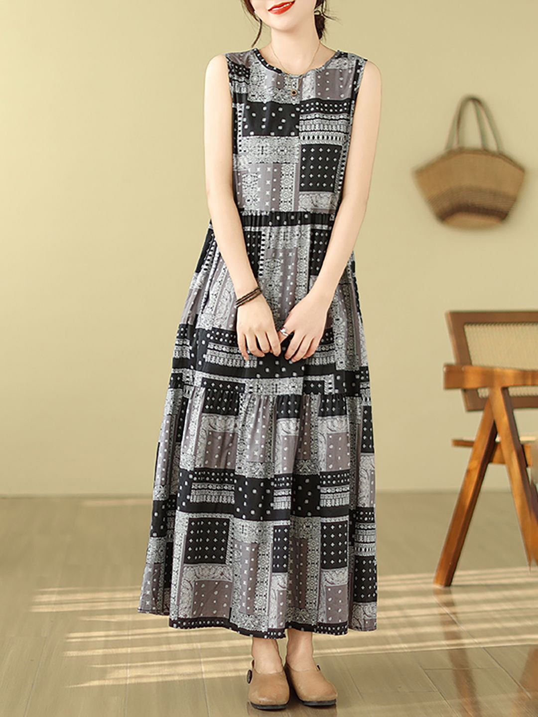 

JC Mode Prined A-Line Maxi Dress, Black