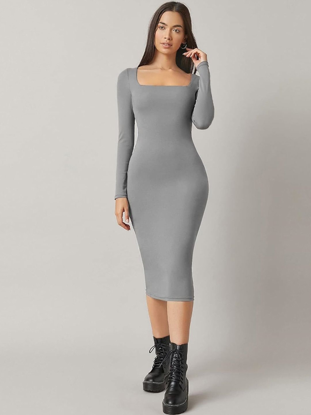 

StyleCast Square Neck Solid Long Sleeves Bodycon Midi Dress, Grey